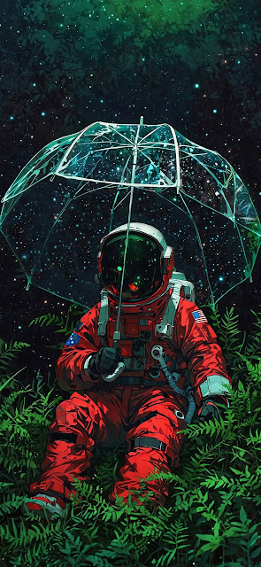 Astronaut Holding Clear Umbrella in Starry Jungle - Free mobile Wallpaper