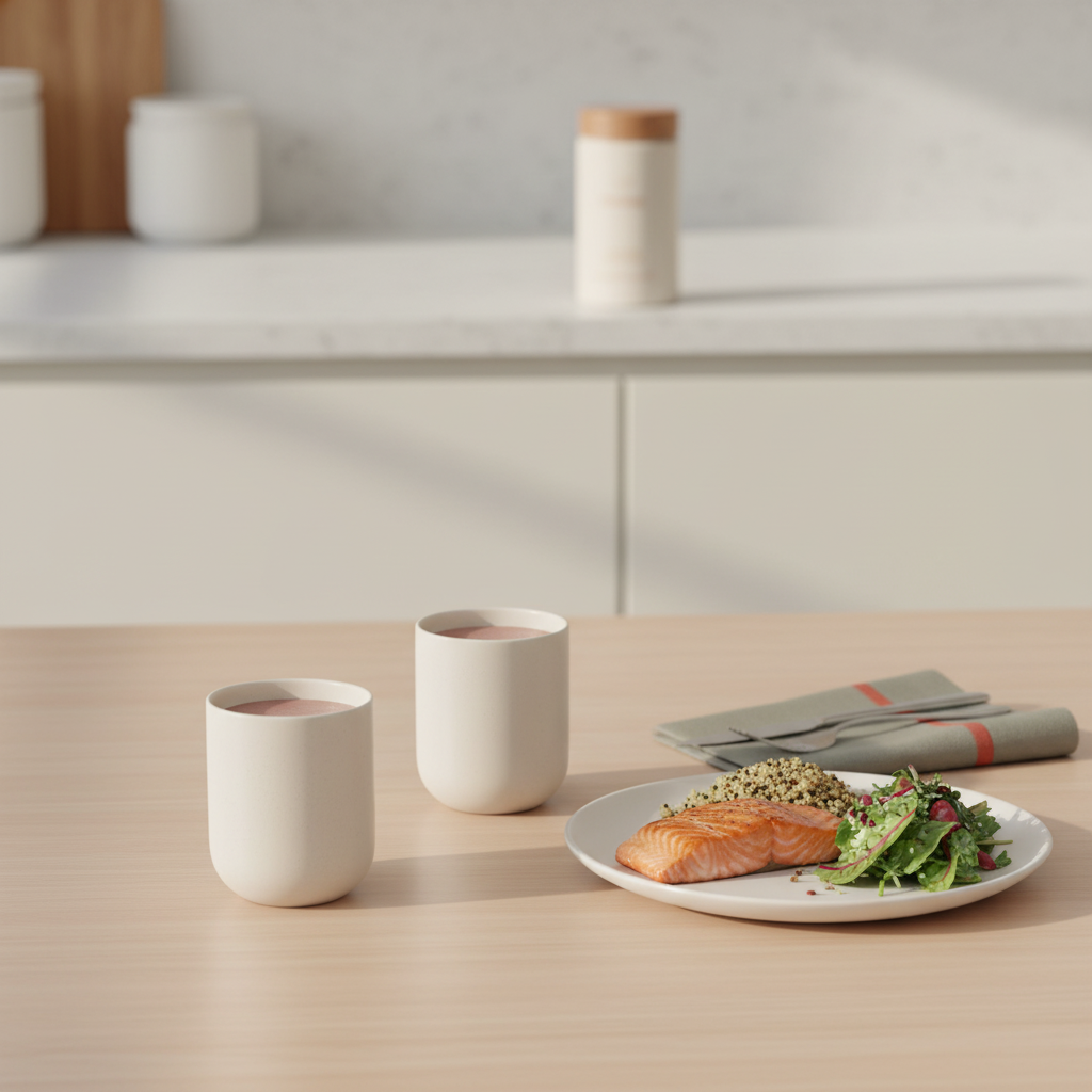 Two protein shakes in tumblers with a plated grilled salmon, quinoa and greens on a kitchen table; Tonum Motus product sits on the counter in the background — protein shakes for weight loss.