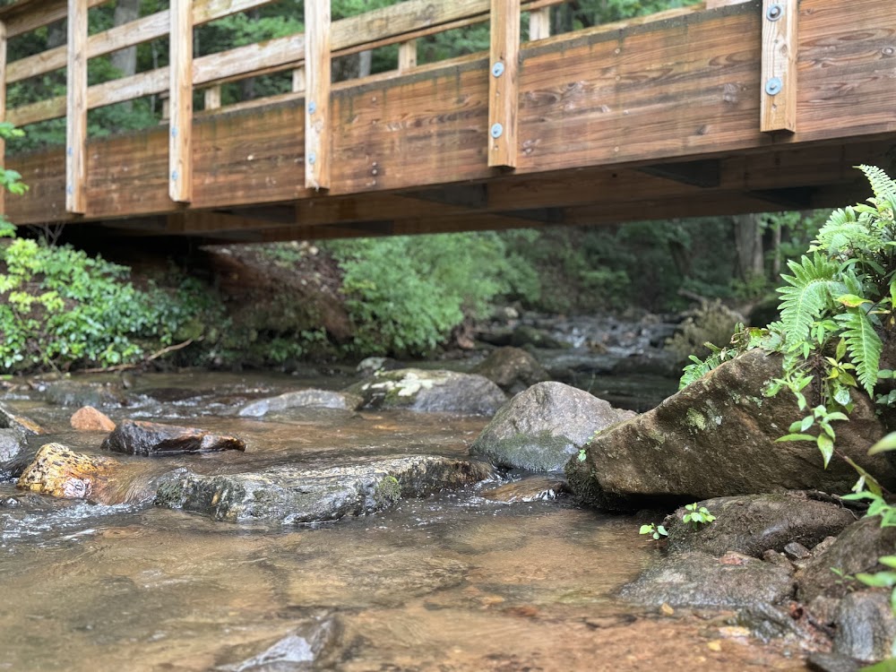 The footbridge at the base of Amicalola Falls in Dawsonville, Georgia