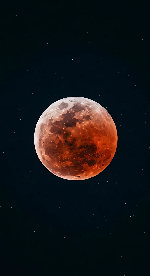 Blood Moon Lunar Eclipse Against Starry Night Sky