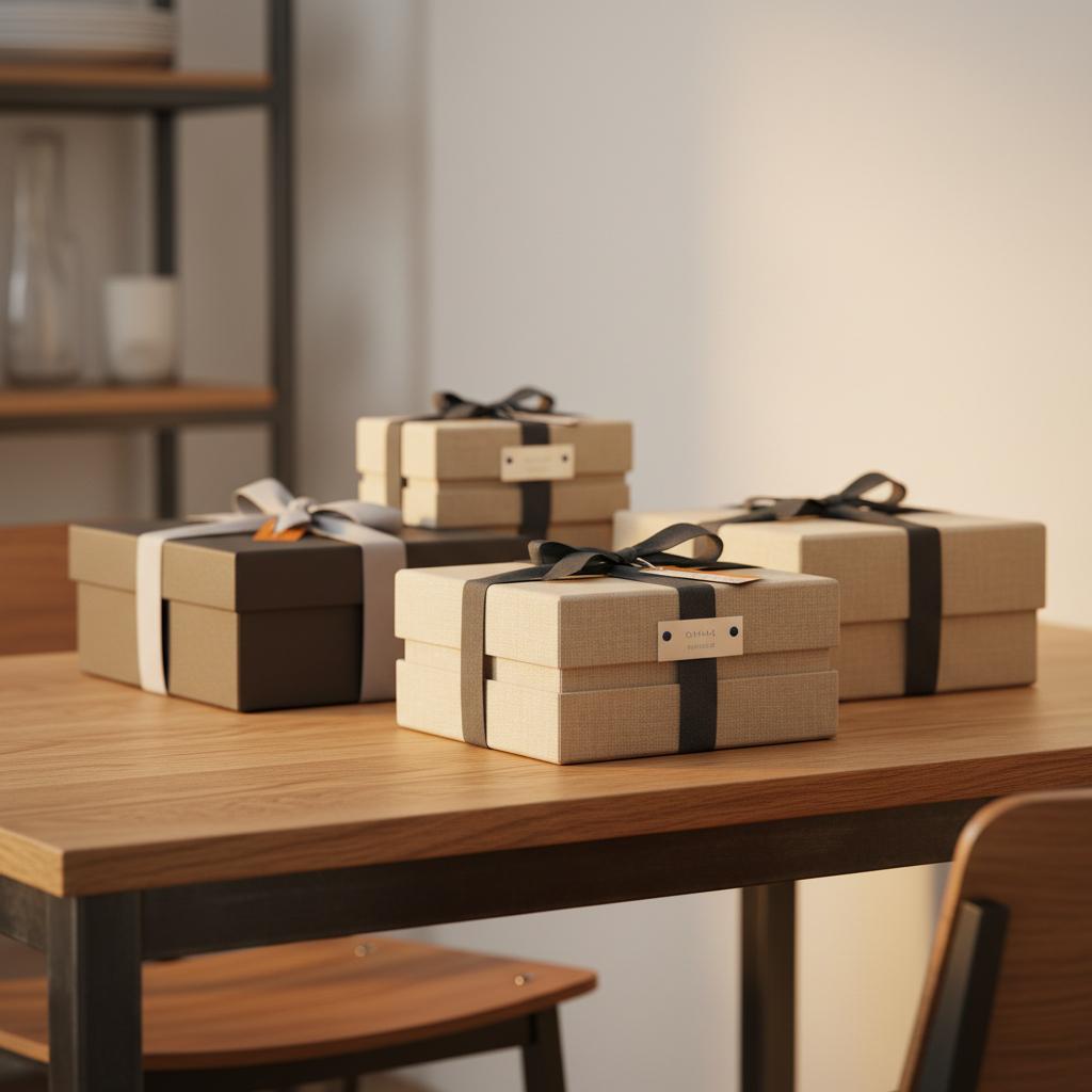 Nahaufnahme eines minimalistischen Esstischs mit Geschenkboxen, Bändern, Handgriffen und graviertem Metallschild – stilvolle Geschenkideen für Familien im Steelmonks-Design.