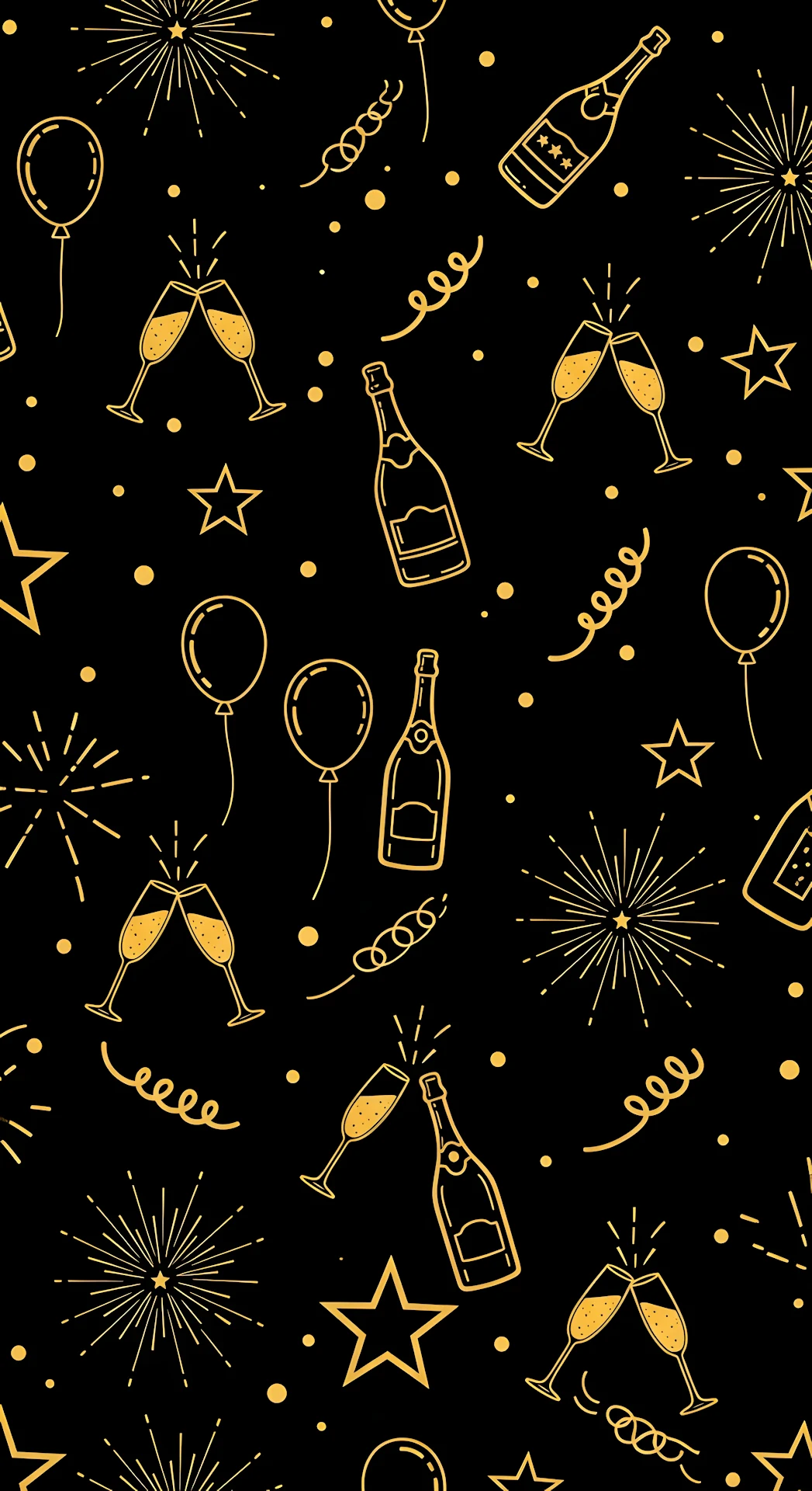 Seamless Black Gold New Year Party Celebration Doodle Pattern - Free 4K mobile Wallpaper