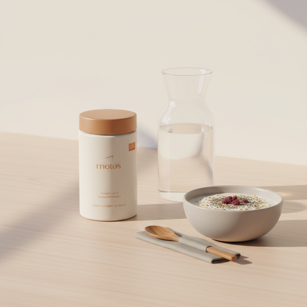 Tonum Motus supplement jar on wooden table with glass carafe and bowl of oats and chia, minimalist scene for fiber supplements for weight loss