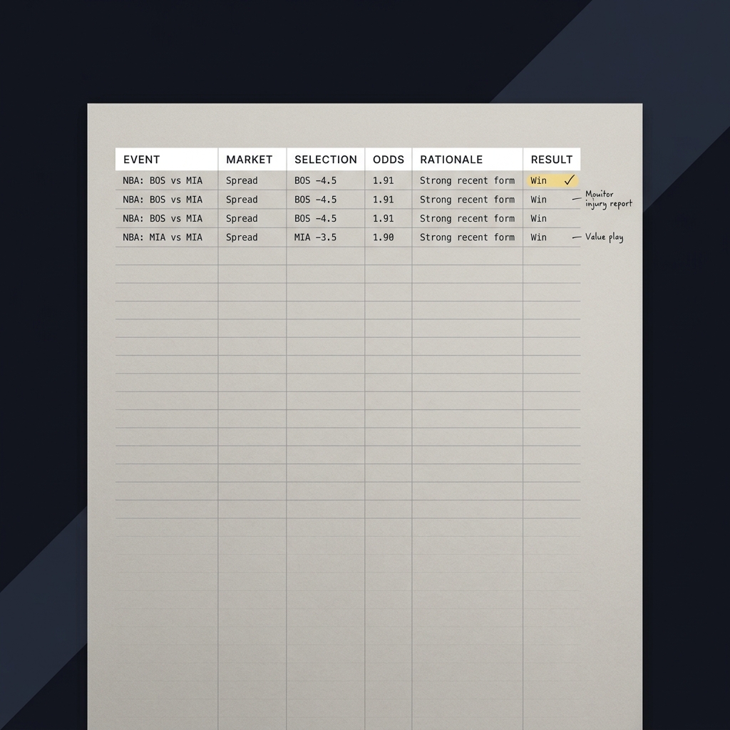 Understanding the Difference Between Picks, Bets, and Trades close up of a minimalist picks ledger page showing columns event market selection odds rationale result on a Funded Plays dark charcoal background