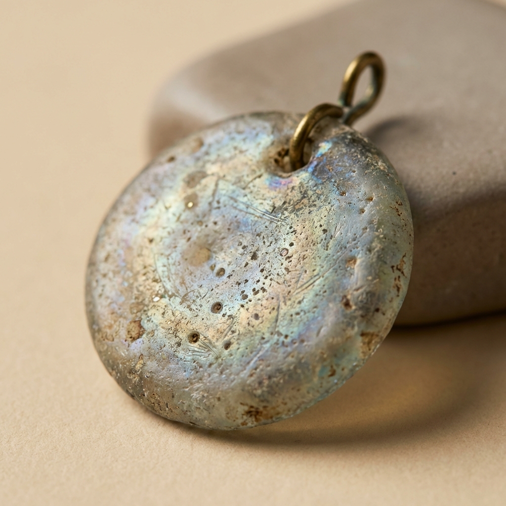 Macro detail of roman glass jewelry fragment showing iridescent pitting on aged glass surface with soft beige Aurora Antiqua background
