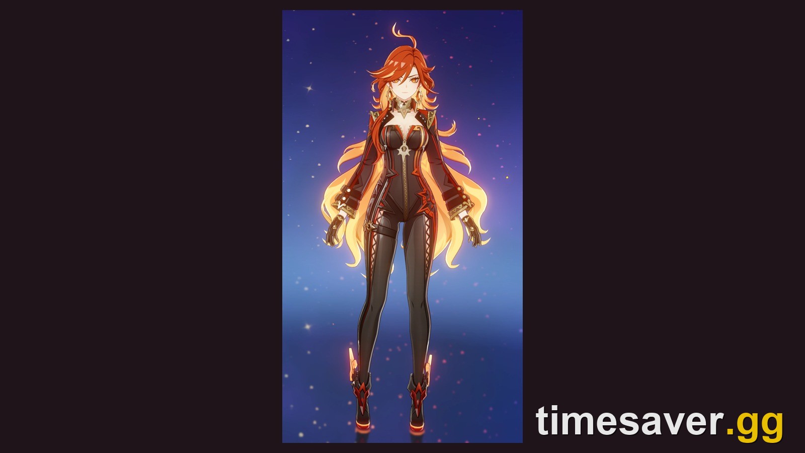 Mavuika's in-game character model in Genshin Impact, standing in her black and red outfit with flame-coloured hair