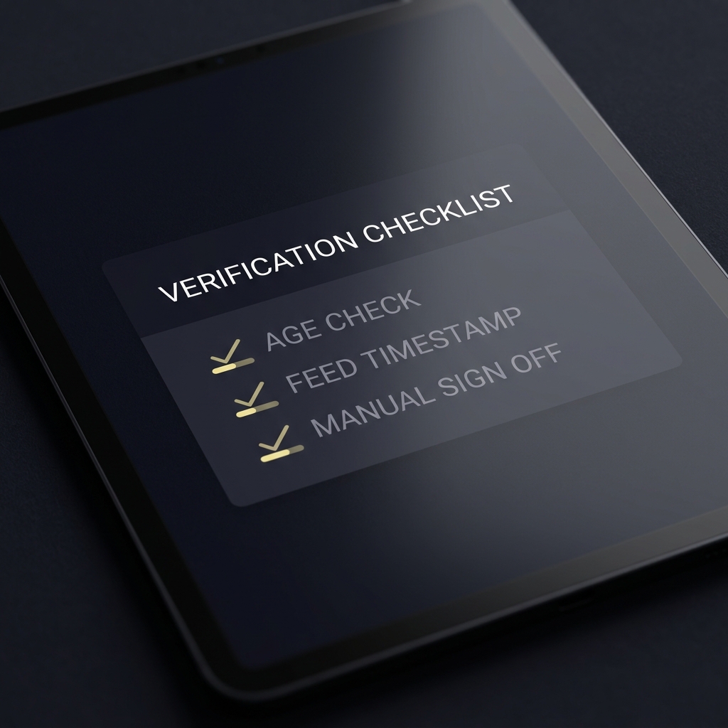 Full frame close up of a tablet displaying a verification checklist with items age check feed timestamp and manual sign off clean UI in Funded Plays colors sports betting bot