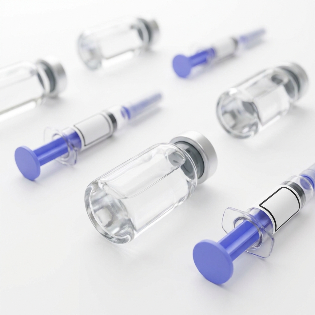 Close up of sterile vials and syringes on white surface with subtle purple accents representing peptides for muscle growth clinical minimalist aesthetic