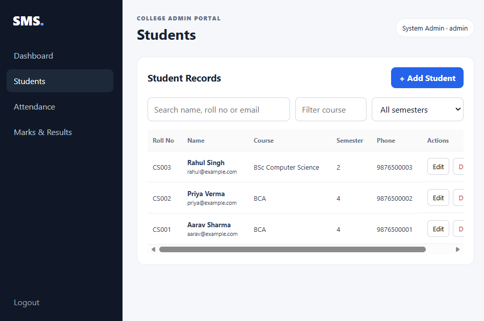Student Management System — screenshot 2