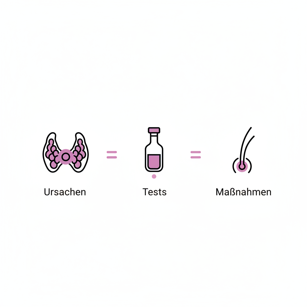 Vektor-Infografik mit drei Icons (Schilddrüse, Hormonfläschchen, Haarsträhne) zu Ursachen, Tests und Maßnahmen. Welcher Hormonmangel verursacht trockenes, brüchiges Haar?