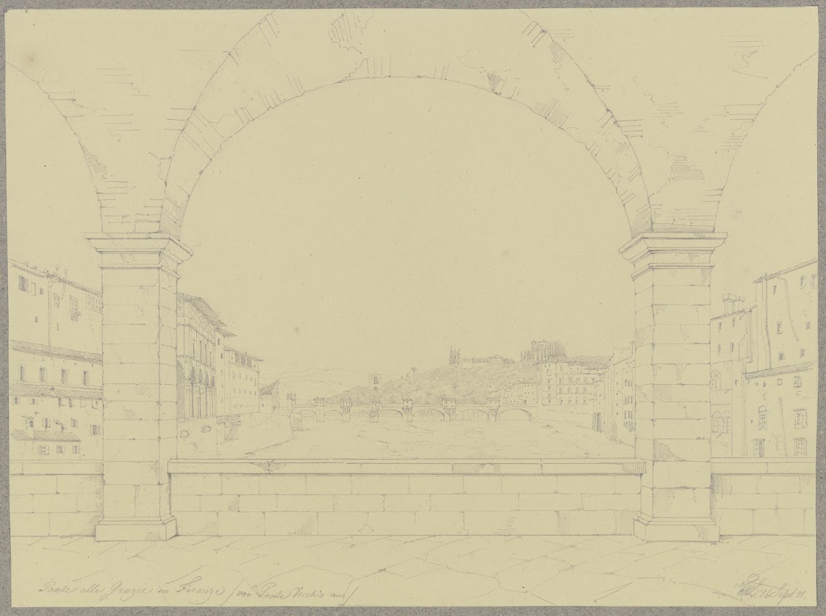 Der Ponte alle Grazie in Florenz vom Ponto Vecchio aus gesehen 1851