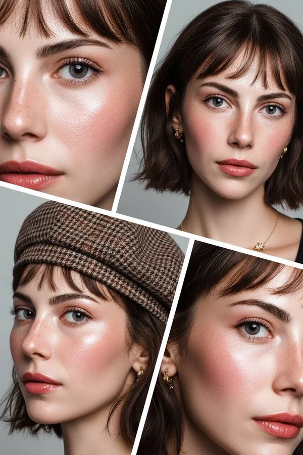 Collage de belleza hiperrealista: piel de cristal y maquillaje elegante.