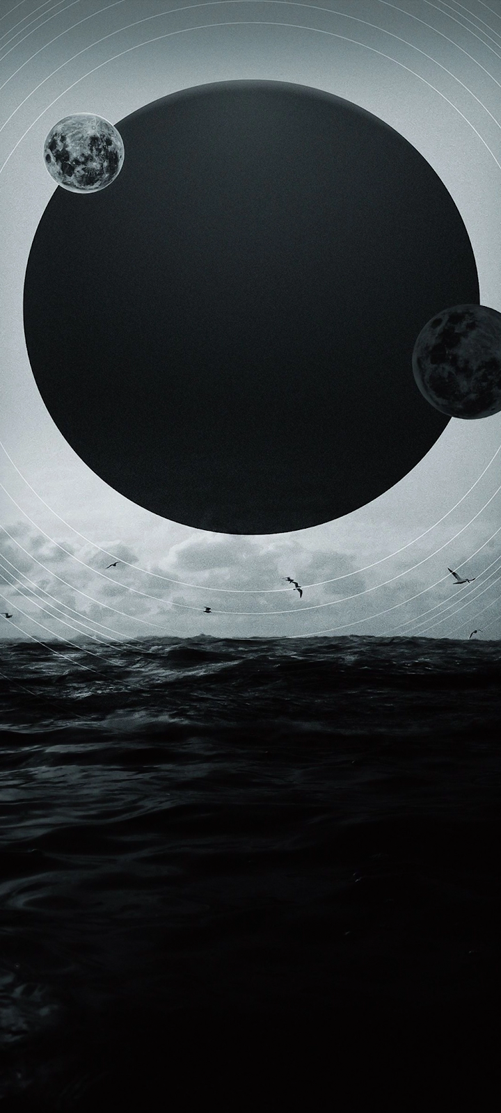 Giant Dark Orb Over Waves - Surreal Digital Art iPhone Wallpaper (972x2160)