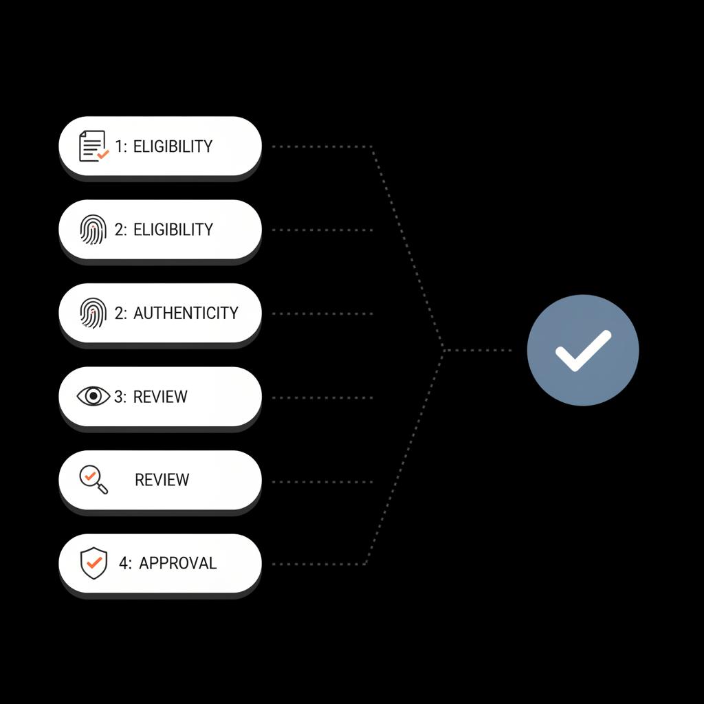 Minimal full-frame infographic checklist leading to an Instagram blue tick verification badge, flat vector icons on black background using brand colors #edf1e9, #dddddd, #dc5c2b.