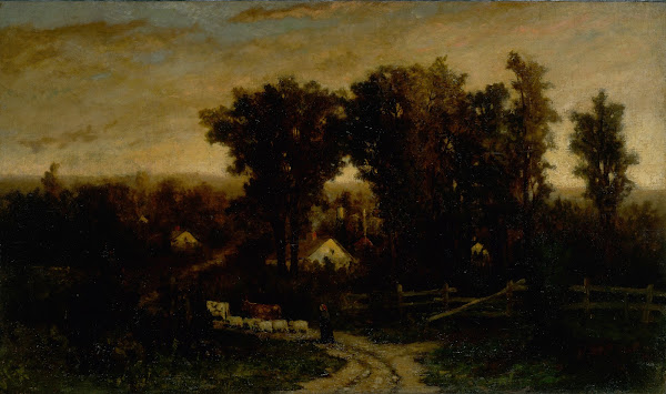 Untitled woman with cattle and sheep at dusk