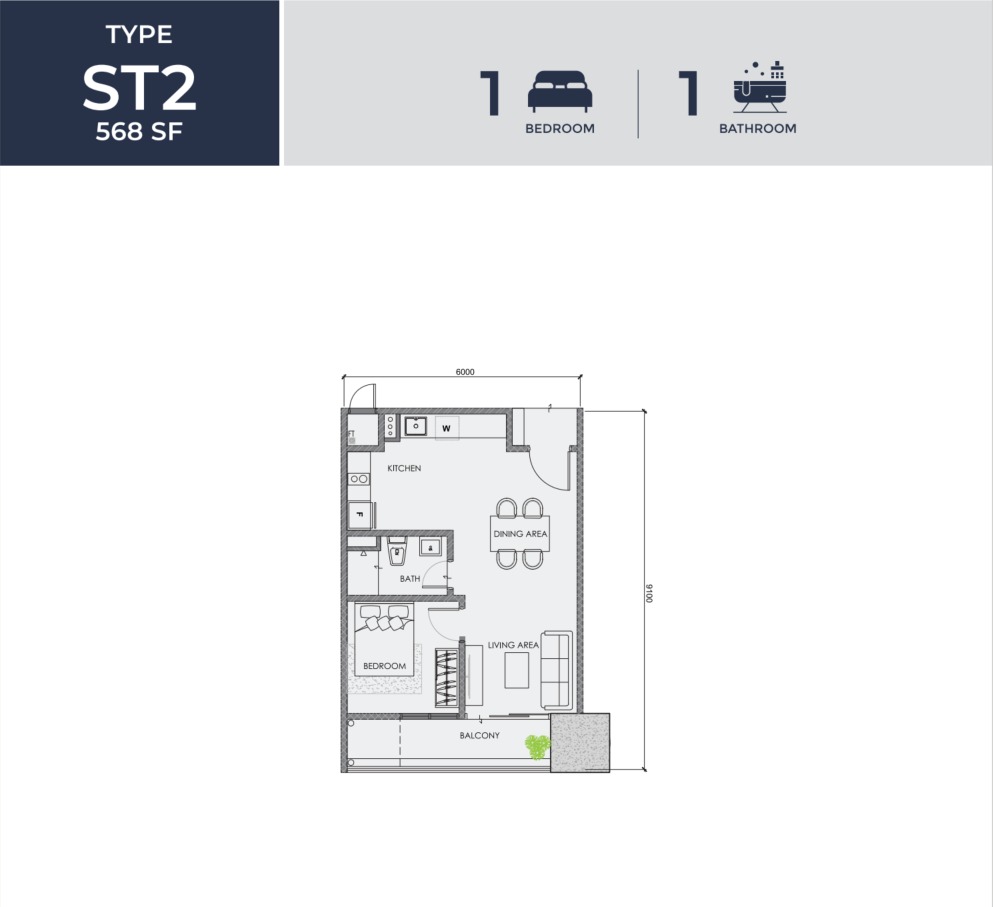 Centrix Type ST2 floor plan — 571 sq ft, 1 bedrooms