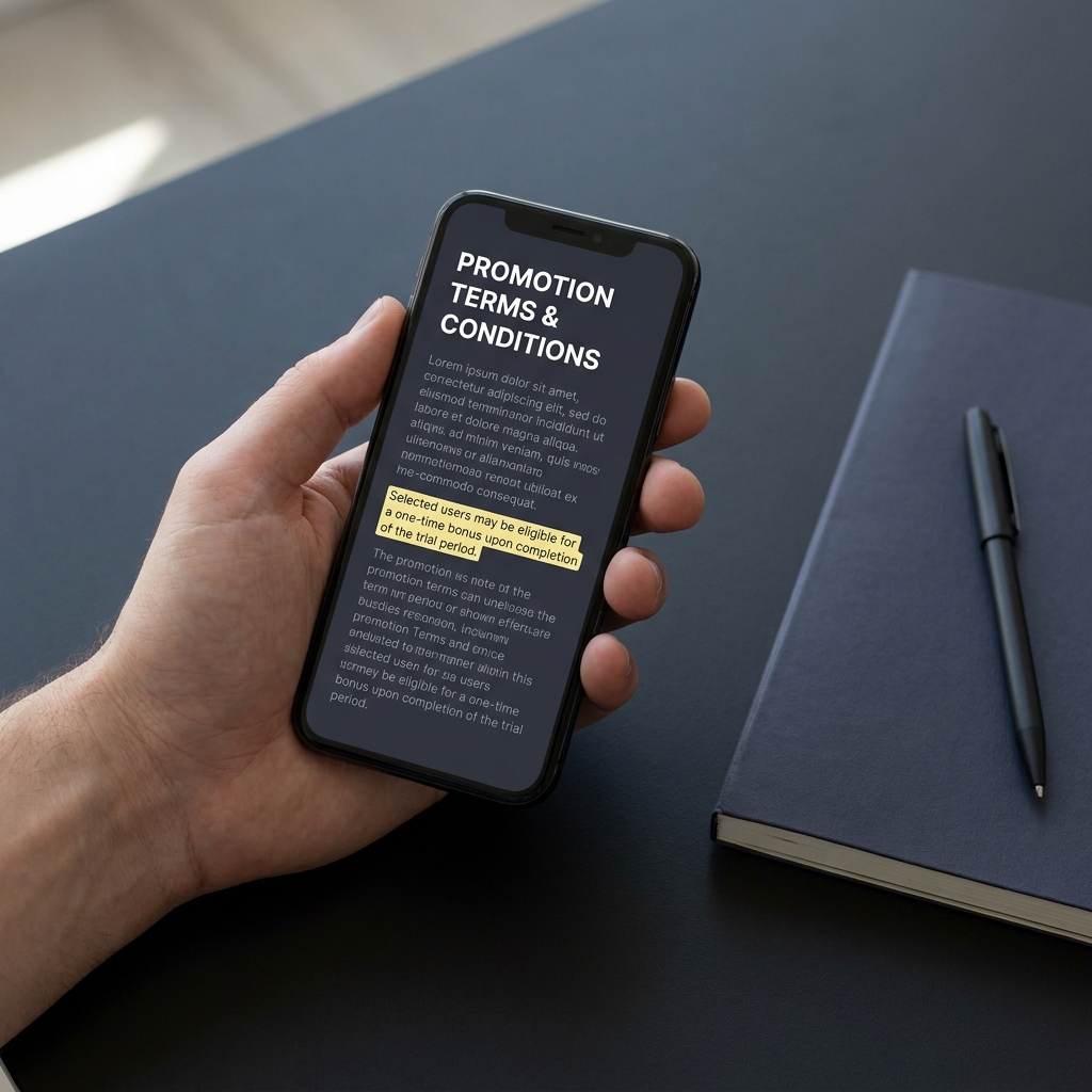 Close up of a person reading promotion terms on a smartphone with highlighted text and a notepad beside it for nfl betting websites article