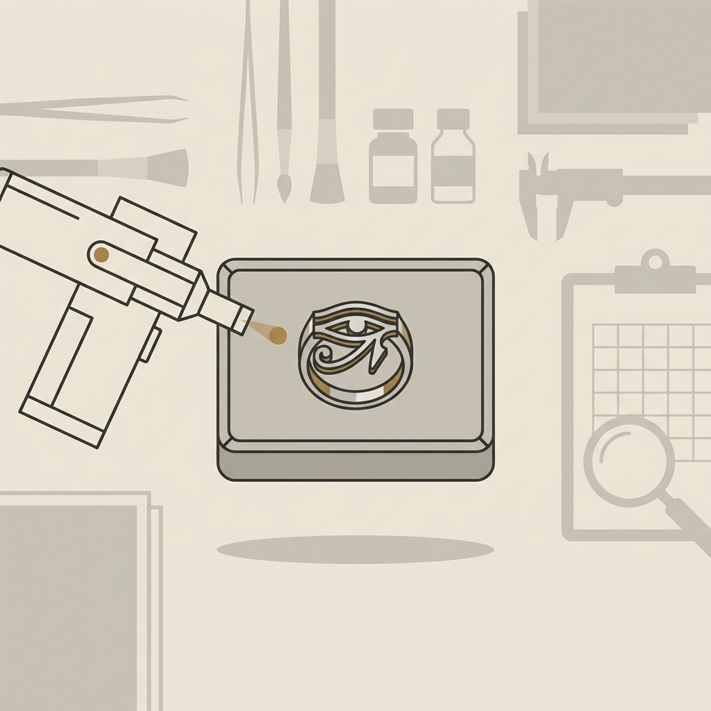Minimalist 2D vector of a conservator bench with an XRF probe aimed at a small ancient eye of horus ring silver on a tray in Aurora Antiqua palette