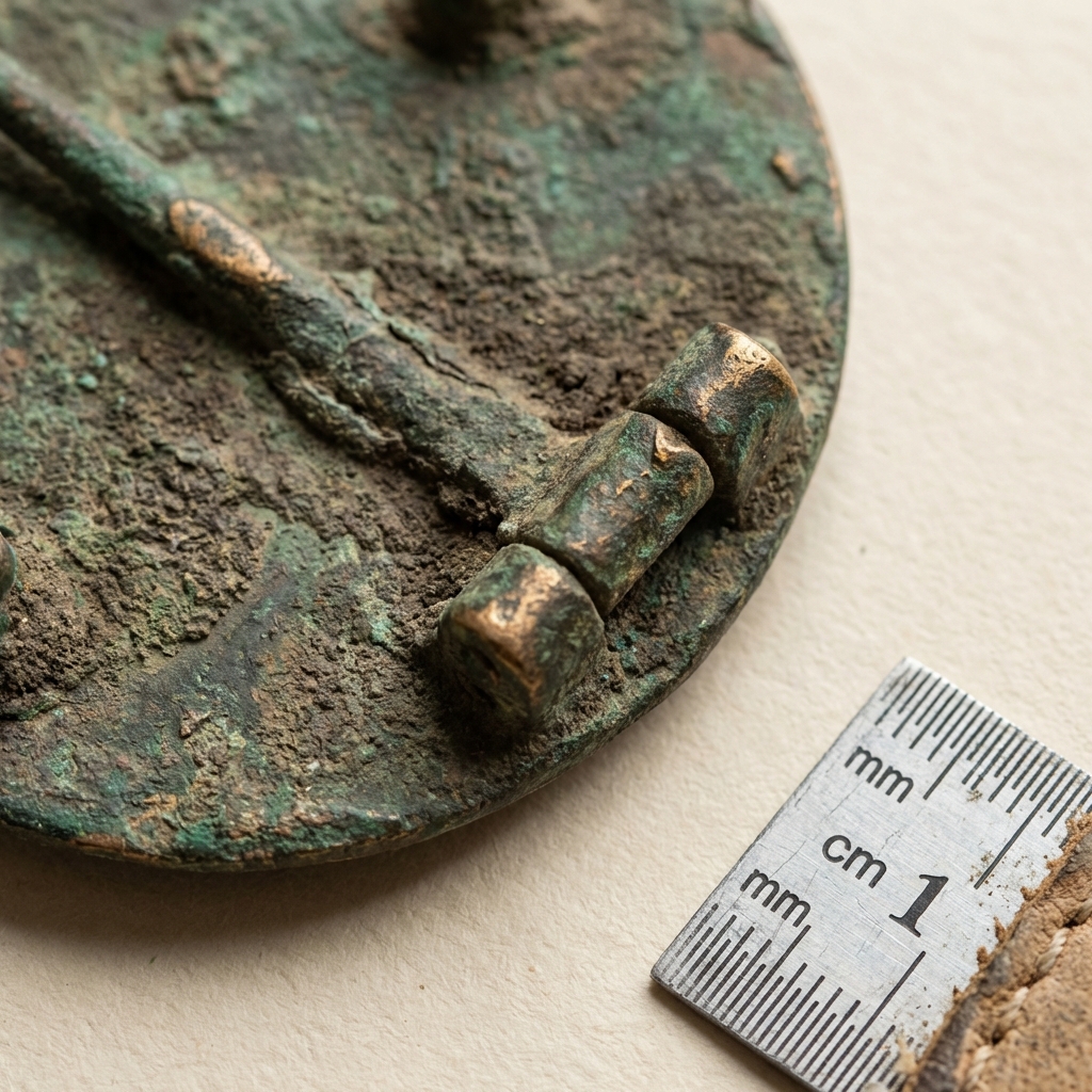 Macro view of old viking jewelry brooch back showing hinge area casting seam and natural patina beside a small ruler for scale on a clean beige background