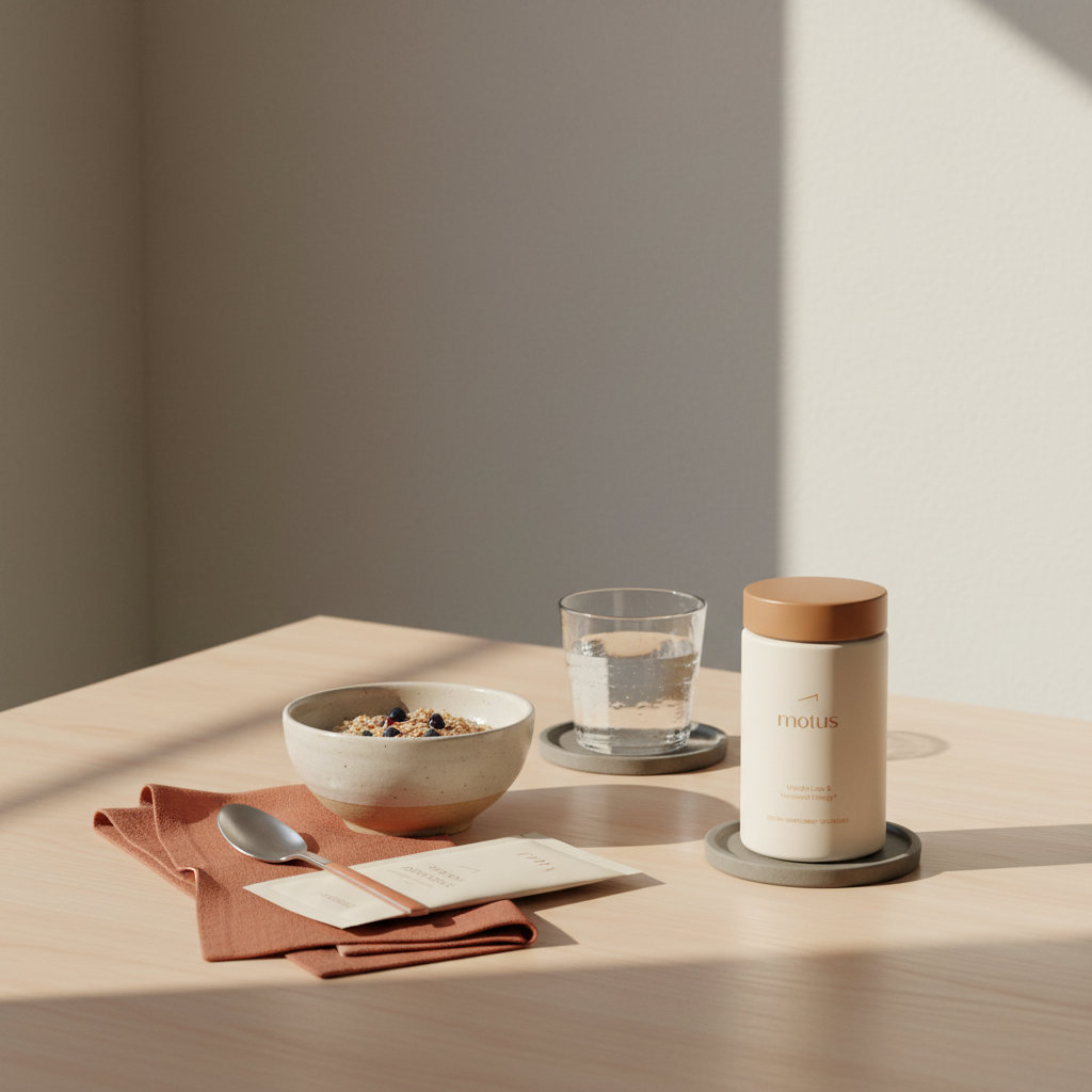 Minimal breakfast nook with Tonum Motus jar beside a neutral meal-replacement packet, bowl of oats and glass of water — best meal replacement for weight loss