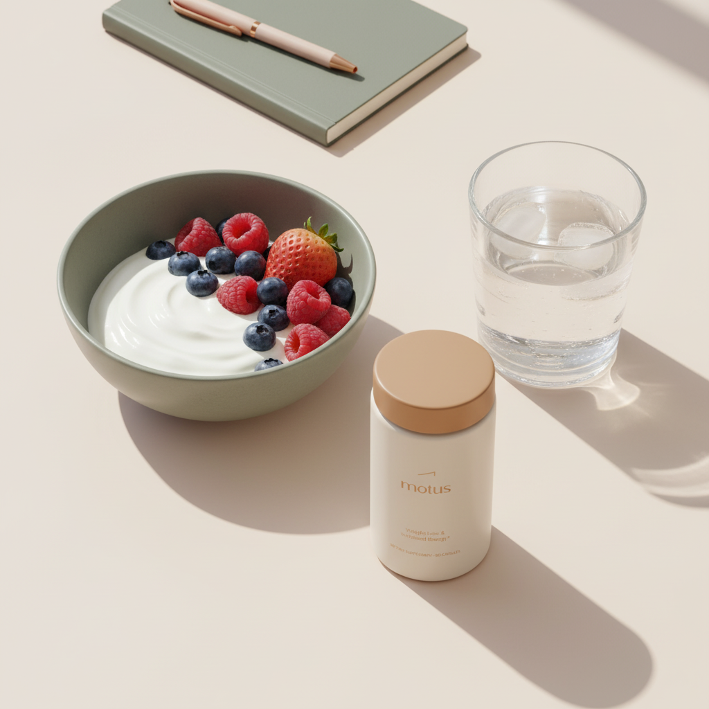 Minimal breakfast scene with Greek yogurt, berries, glass of water, notebook and Tonum Motus supplement bottle, illustrating a healthy routine for how to lose 20 lbs in a month