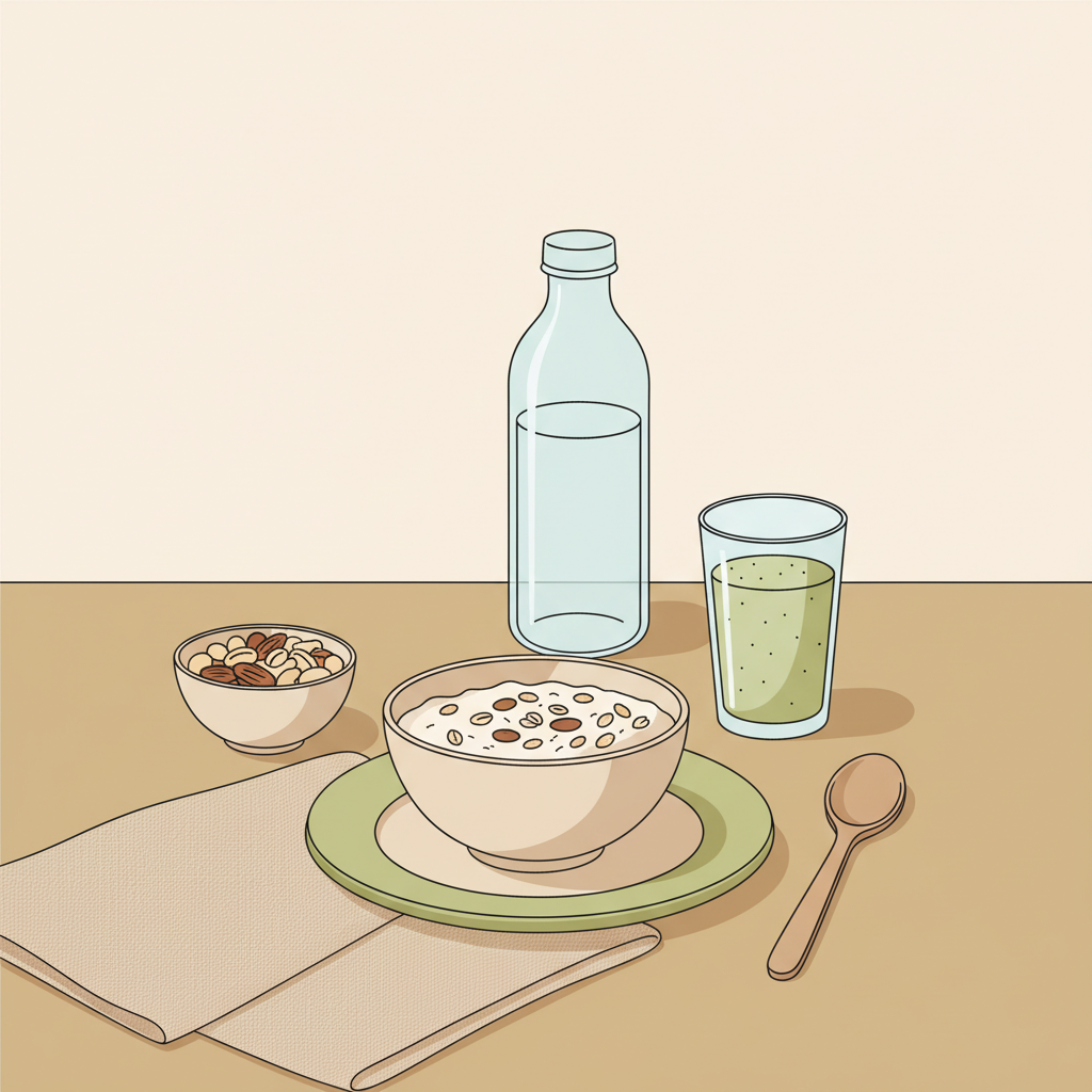 Ein minimalistisches Frühstück mit Haferflocken, Nüssen, Wasserflasche und Proteinshake – Wie oft die Woche trainieren Bodybuilding im Kontext Erholung und Ernährung