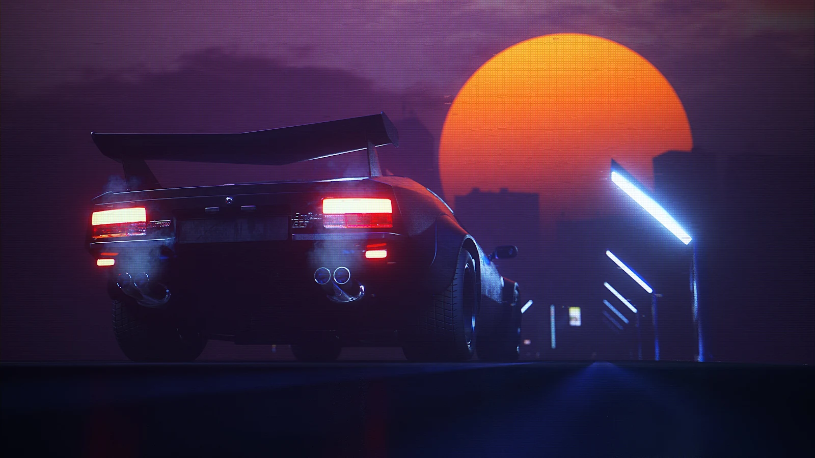 Retrowave Road Moon Night Lights 4K Desktop Wallpaper Background [3840x2160] Free Download