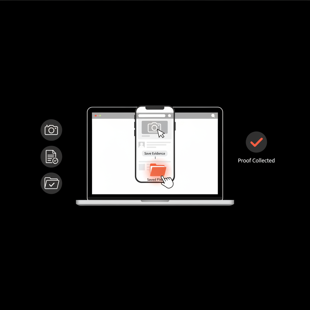 Minimal vector infographic of a business owner taking screenshots and saving evidence on a laptop with icons for screenshot, folder and timestamp, illustrating how to remove negative Google review.