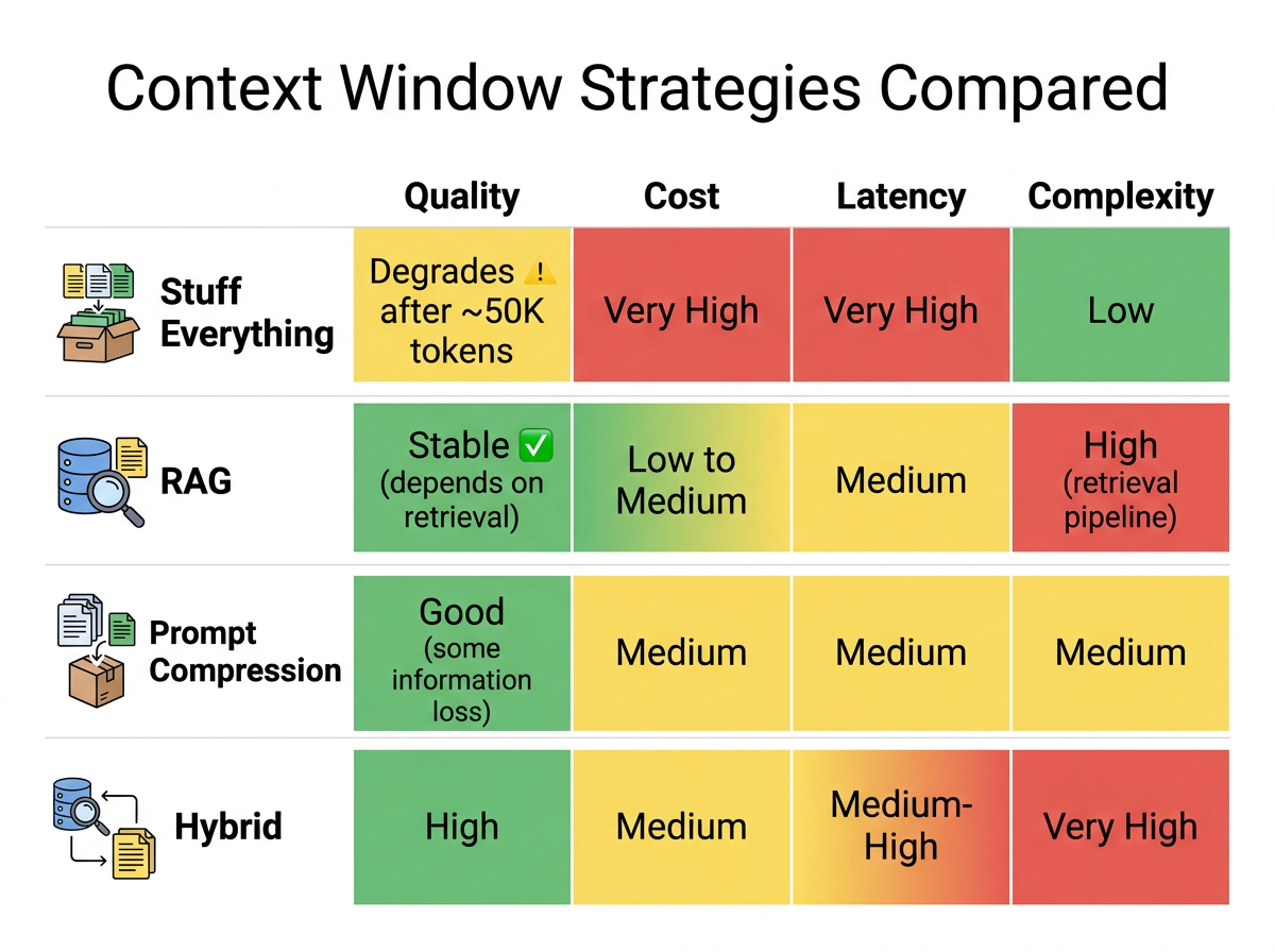 Comparison matrix of four context window strategies showing tradeoffs between quality, cost, latency, and complexity