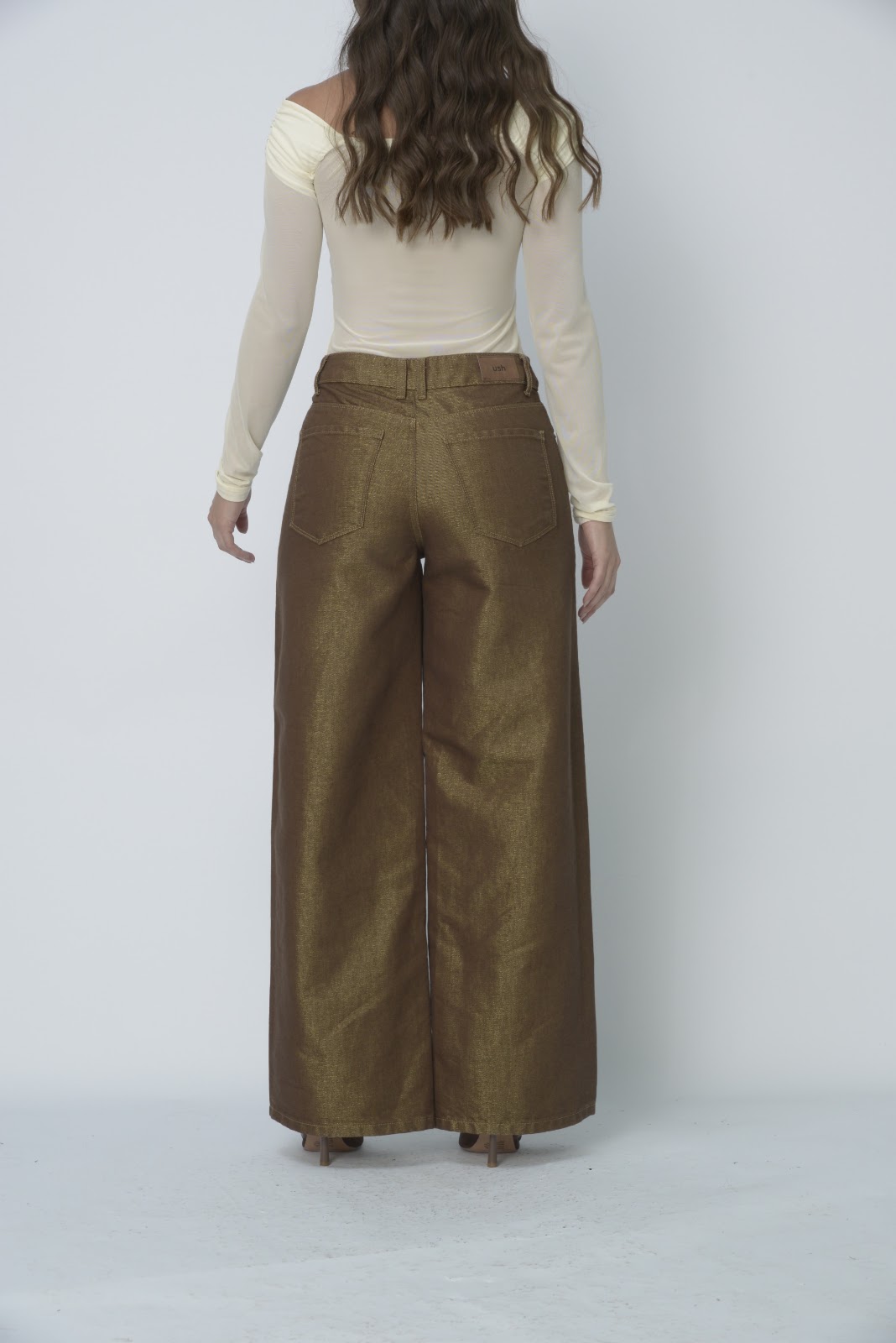 Jean dama Wide Leg tiro alto rígido tela brillante, color Café - Vista 5