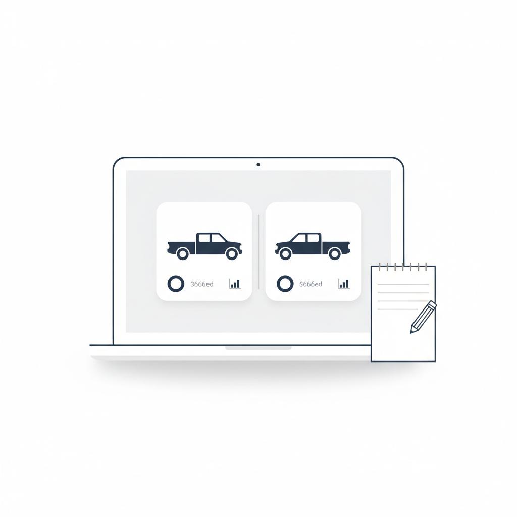 Minimal 2D vector of a laptop showing two side by side pick up trucks for sale listings with visual price analysis badges and a notepad for comparison notes