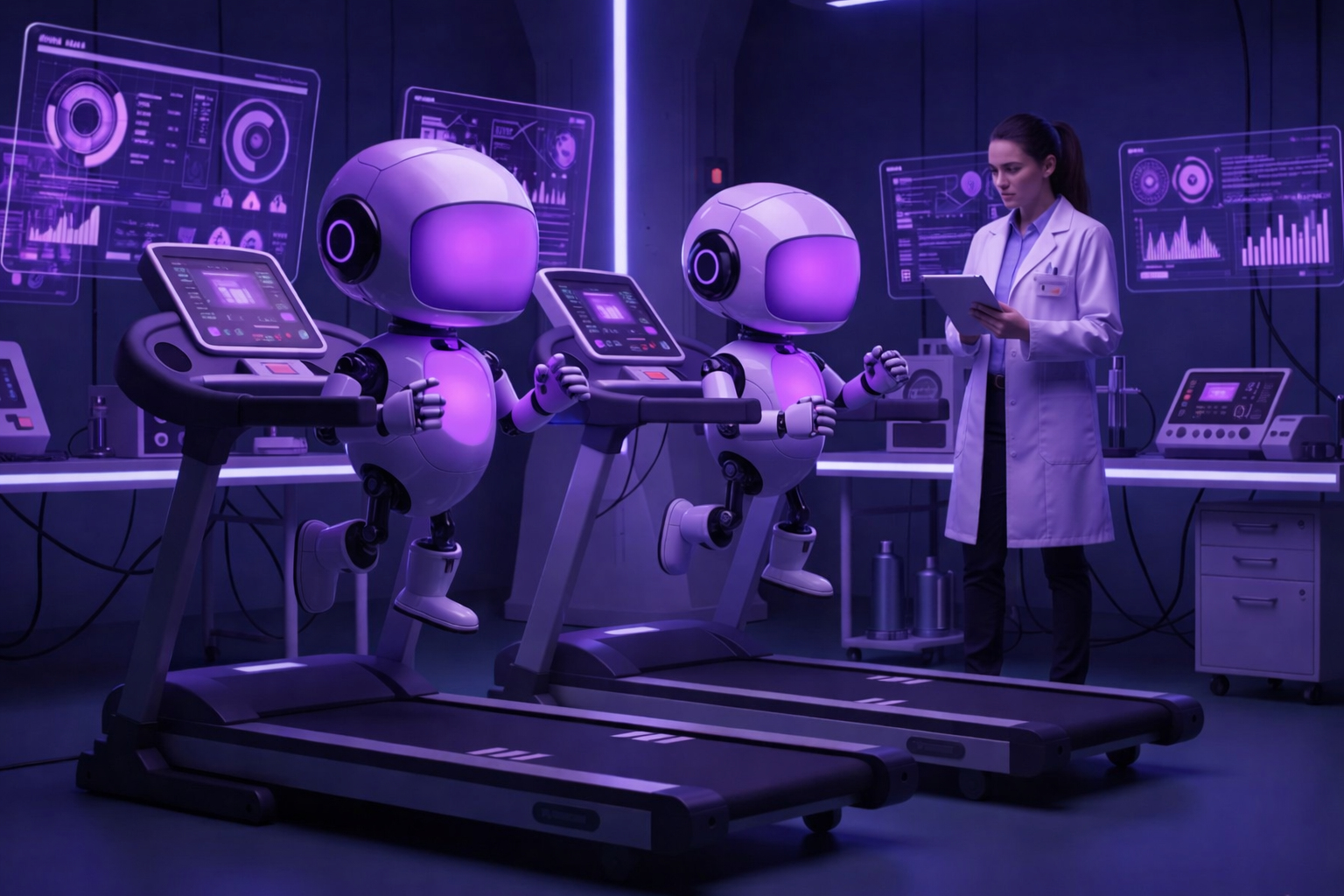 Inteligência Artificial - Robôs em laboratório com cientista observando