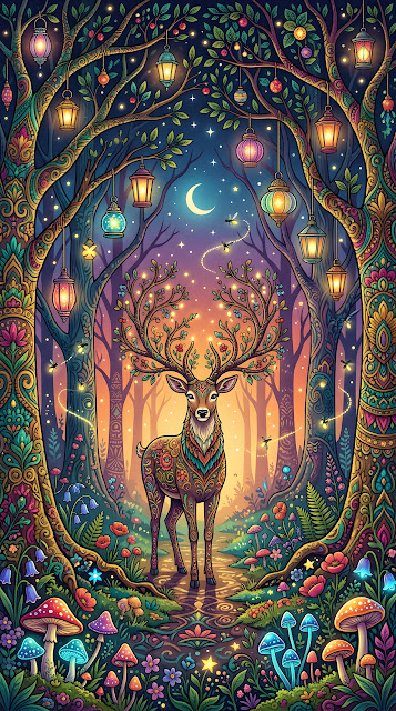 Fantasy Forest Illustration with Glowing Lanterns and Mythical Deer - Free mobile Wallpaper
