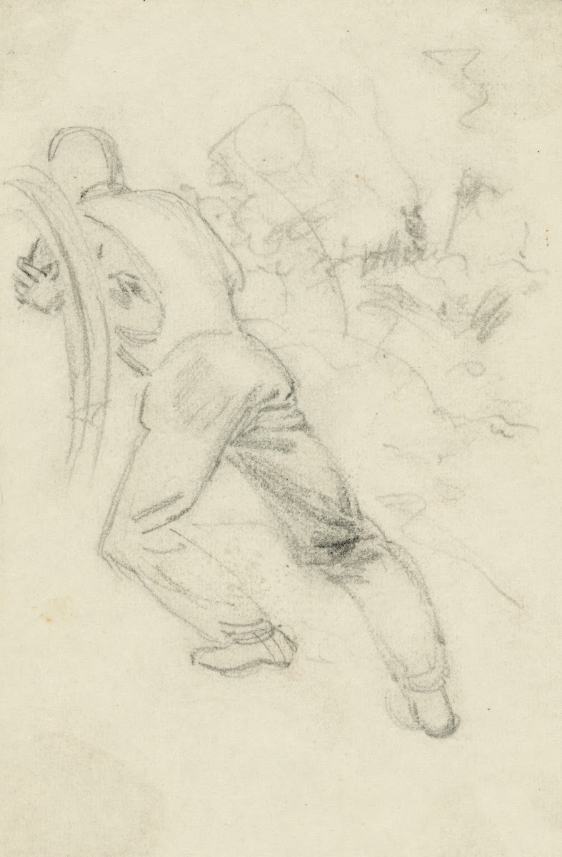 Soldier pushing against a stuck wagon wheel 1860 1865