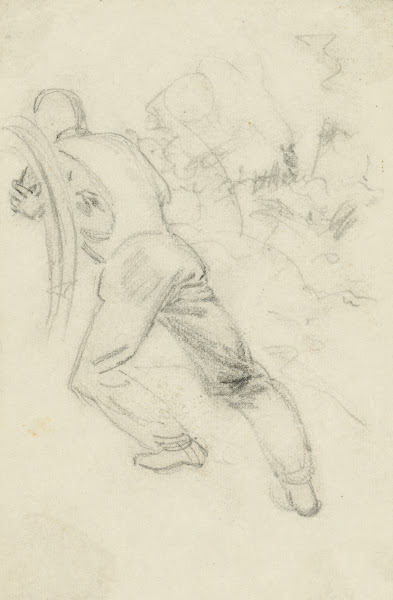 Soldier pushing against a stuck wagon wheel 1860 1865