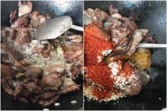 Làm nóng chào với dầu ăn, cho thịt vào đảo đều cho thịt săn lại rồi thêm mè trắng, 10g ớt bột, 5ml dầu giấm, ớt tươi xắt lát và đảo đều. Ngay khi thấy thịt bò khô lại, thấm đều hết gia vị thì bạn có thể tắt bếp được rồi đó.