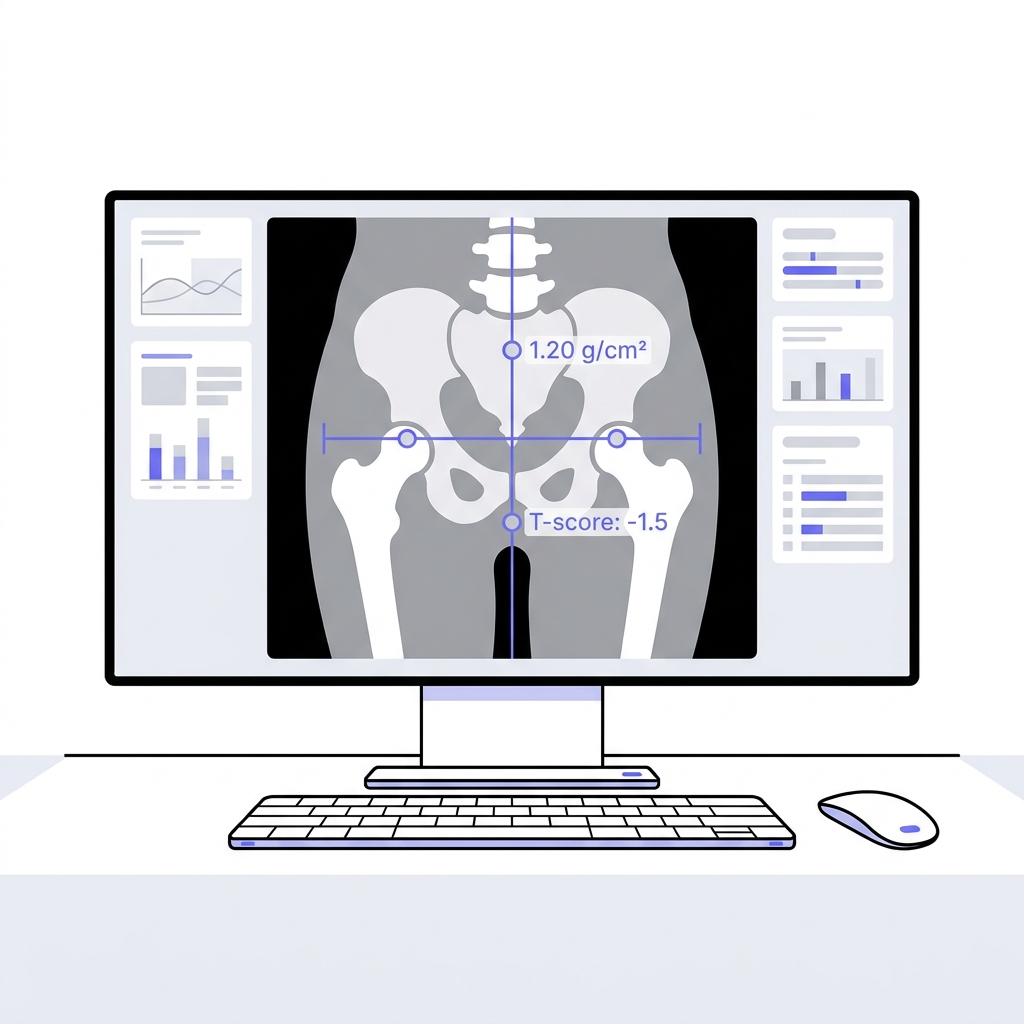 Minimal vector illustration of a DXA monitor with bone density measurement overlays in Peptide World style emphasizing clinical evidence cjc 1295