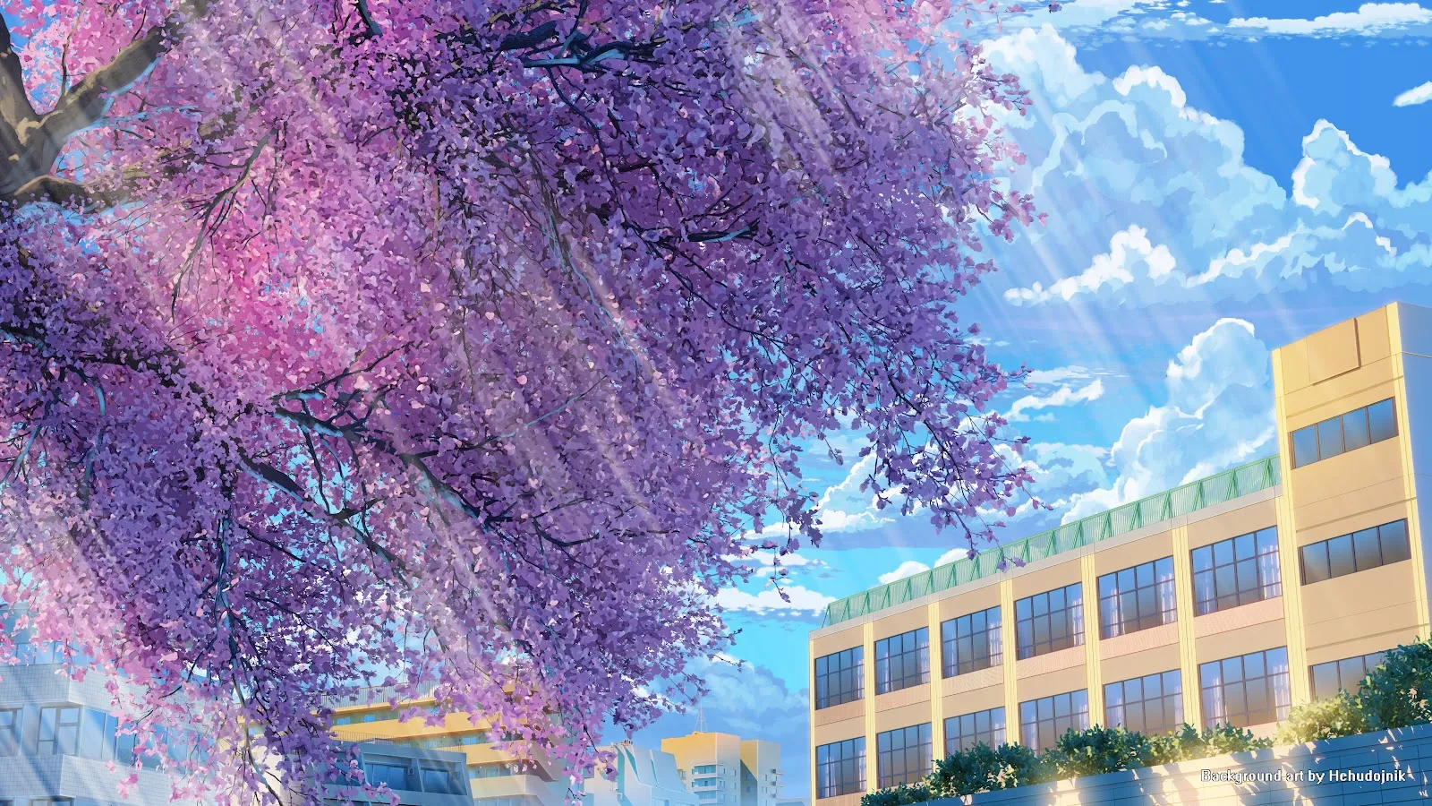 Purple Blossoms Over School - Detailed Anime Background 8K Wallpaper (7680x4320)