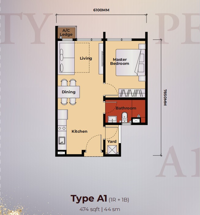 Queenswoodz Type A1 floor plan — 807 sq ft, 2 bedrooms