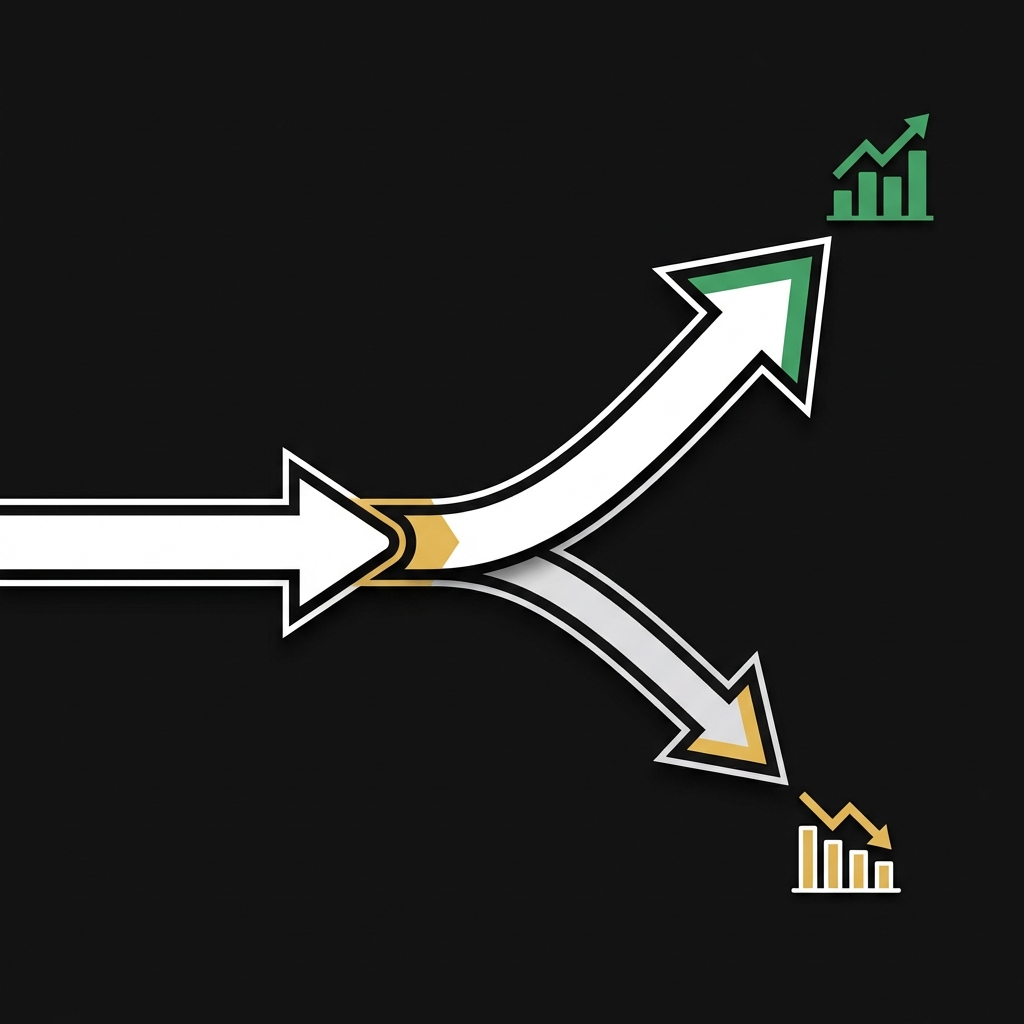 Minimalist illustration of a 100 percent capital arrow splitting into a 130 percent long arrow and a 30 percent short arrow on dark background for crypto hedge fund