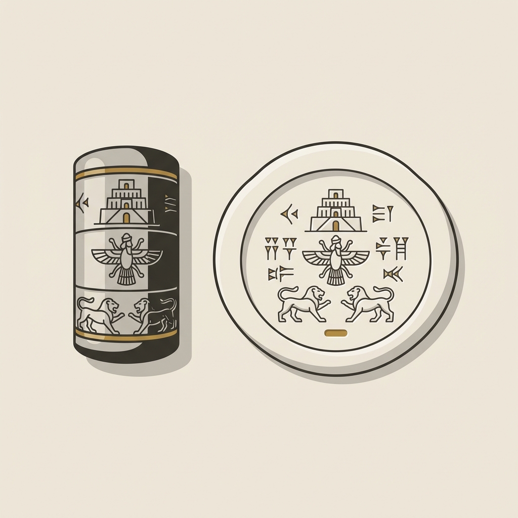 Minimalist 2D vector top view of a Mesopotamian cylinder seal beside its clay impression on pale beige background with dark gray lines and gold accents showing an ancient intaglio ring detail