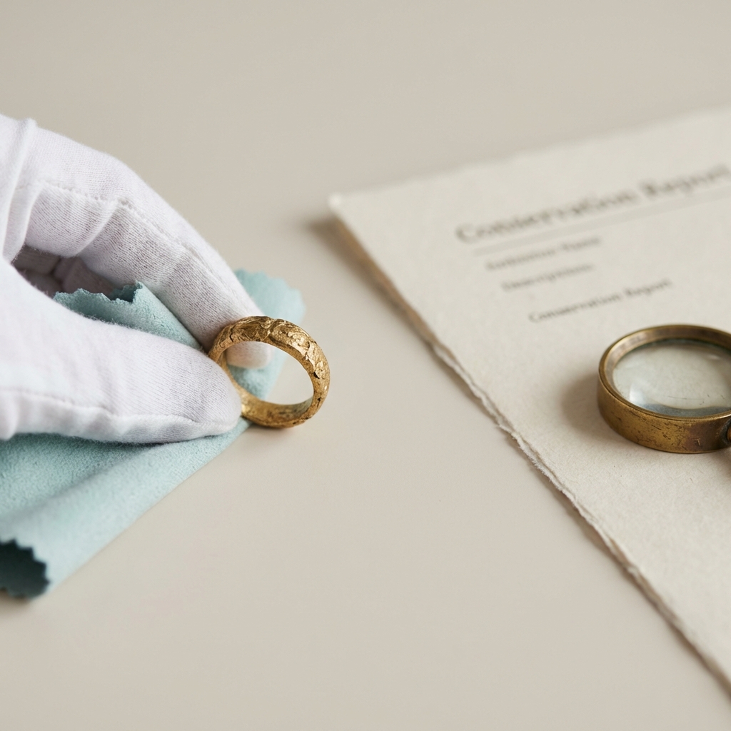 Close study of oldest gold ring held by a conservator hand beside a conservation report and vintage magnifying glass on a neutral museum background