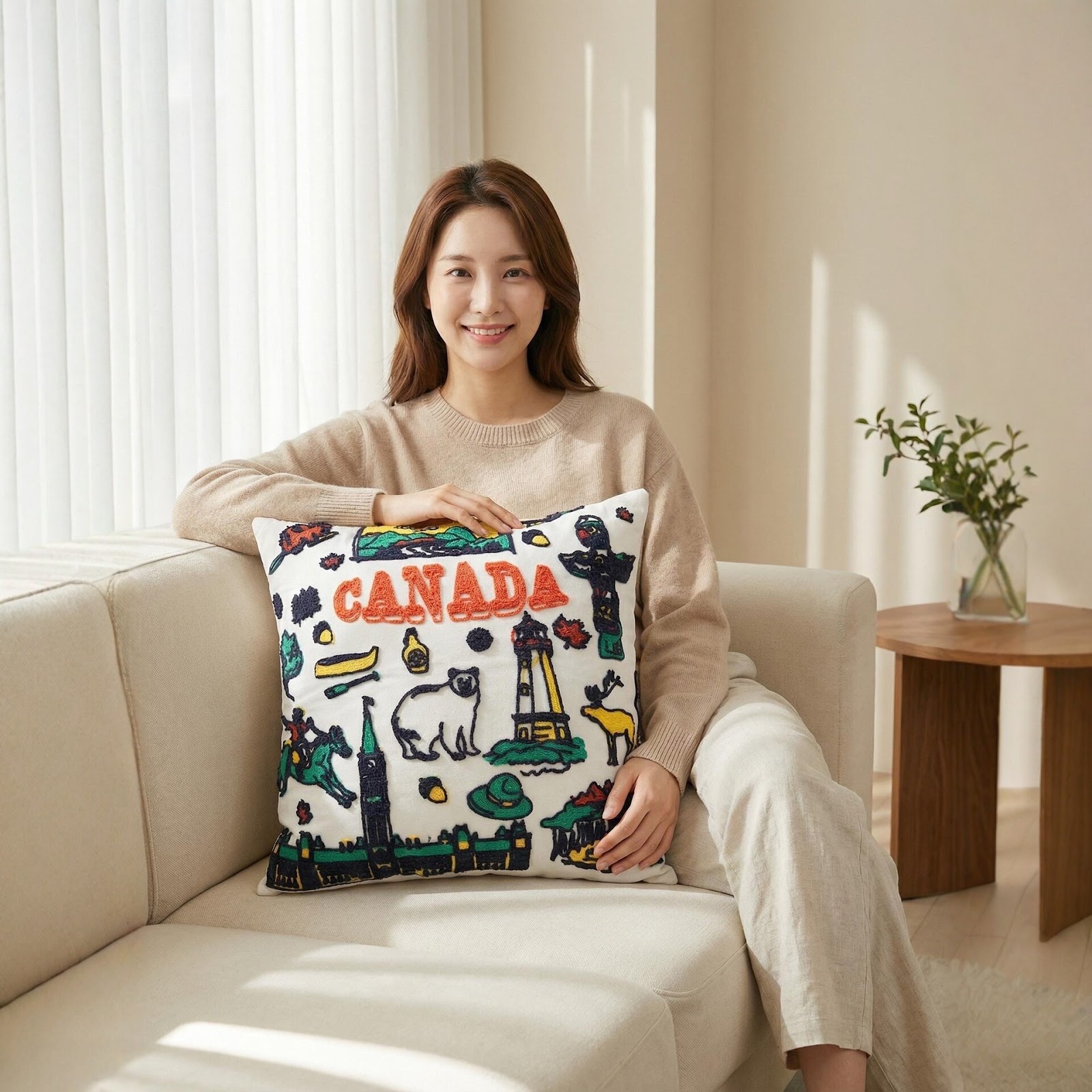 Embroidered cushion cover with Canadian motifs, 45×45 cm