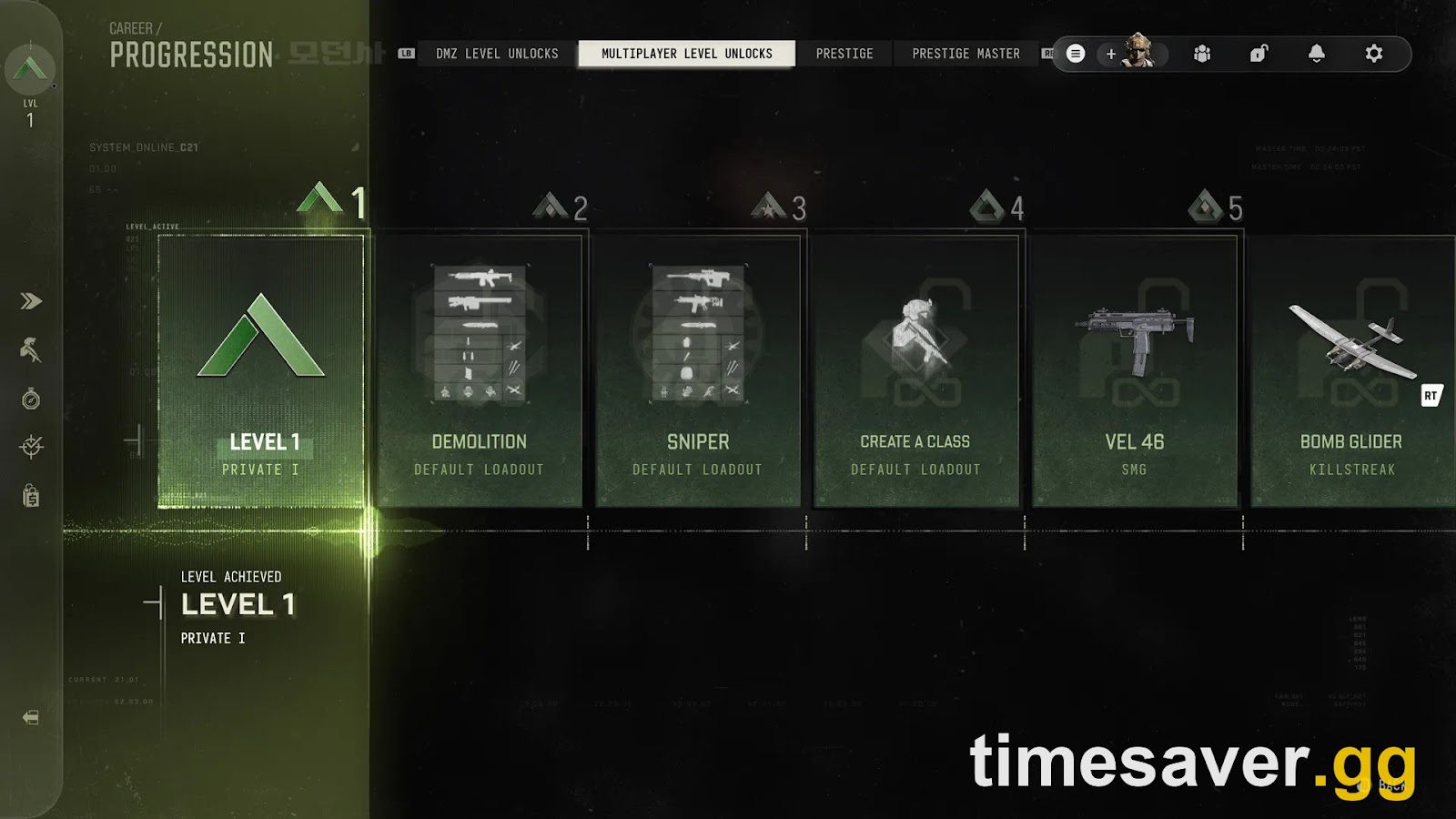 MW4 Career Progression screen showing the first Multiplayer Level Unlocks: Demolition and Sniper default loadouts, Create a Class, VEL 46 and Bomb Glider