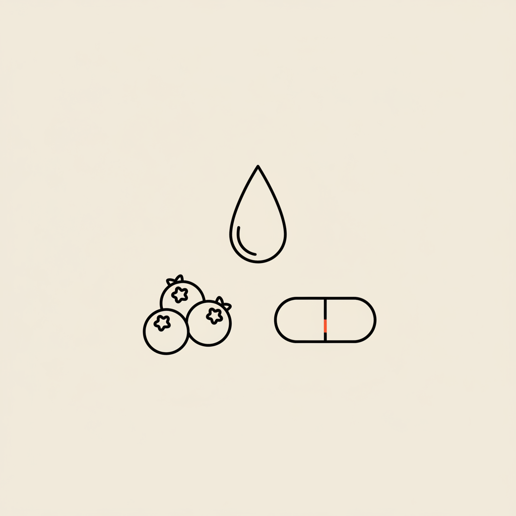 Minimalist Tonum-style line illustration of a water droplet, blueberry cluster and capsule on a beige background — what drink improves memory