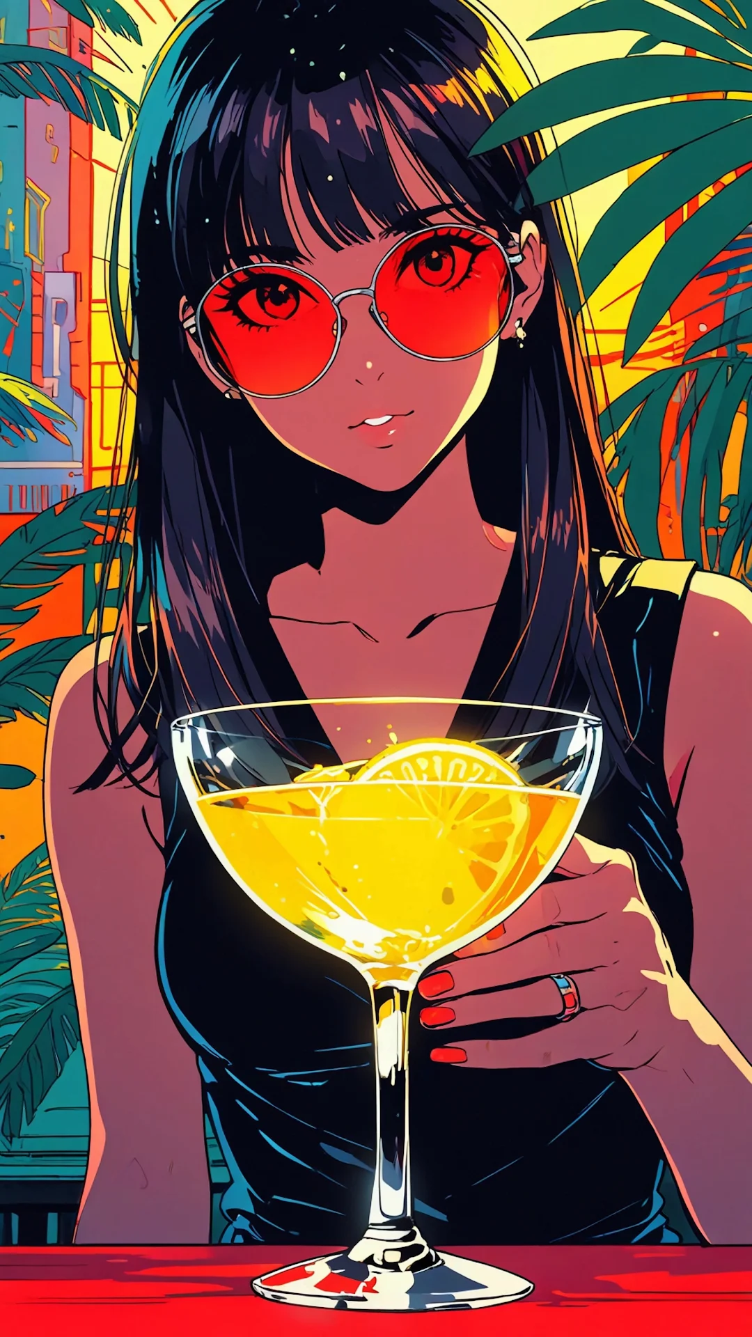 Tropical Anime Girl Cocktail Night Synthwave Art - Free 4K mobile Wallpaper