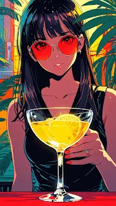 Tropical Anime Girl Cocktail Night Synthwave Art