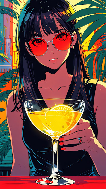 Tropical Anime Girl Cocktail Night Synthwave Art - Free mobile Wallpaper