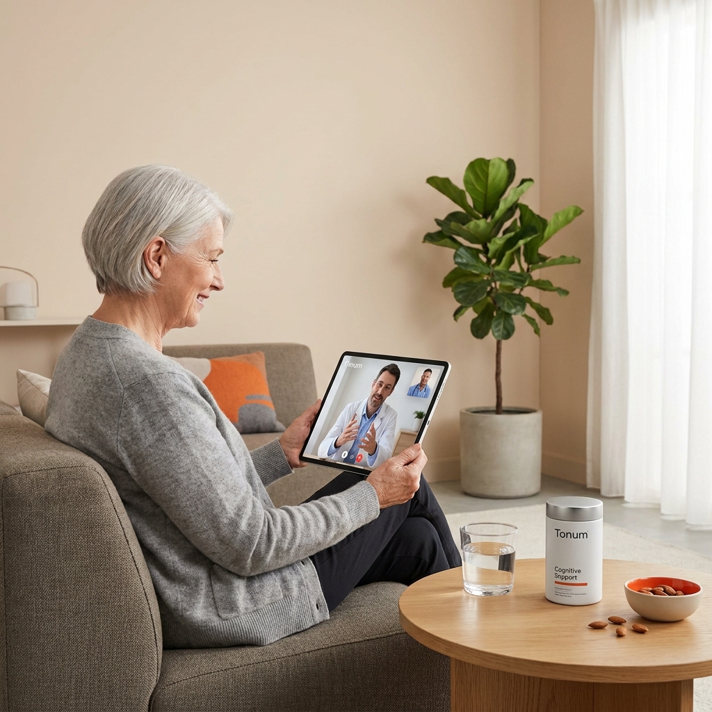 Older adult on a tablet with a clinician with Tonum supplement visible on a side table conveying calm care for mild cognitive impairment in a minimalist living room