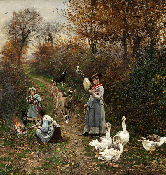 Hirtenmädchen am Waldrand beim Entfachen eines Feuers 1880